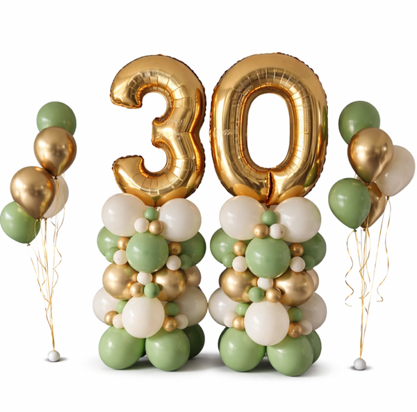 Cijfer naar Keuze Pilaren middel + twee Ballontrosjes Royal Chrome Forest | Goud Groen