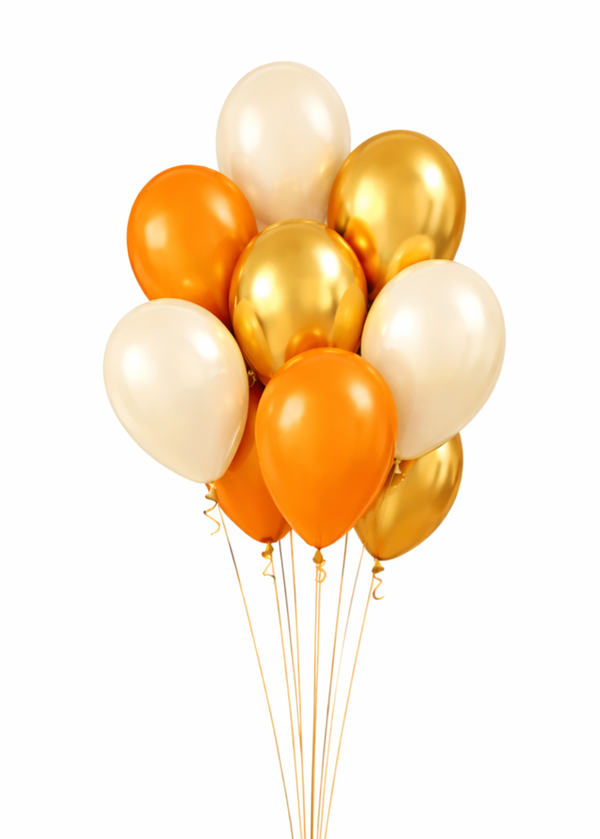 Ballonnentros Royal Vip Maxima | 9 stukst | Inclusief helium, lint en gewichtje | Chrome Goud met Clear Bubble | Goud & Creme wit en Oranje