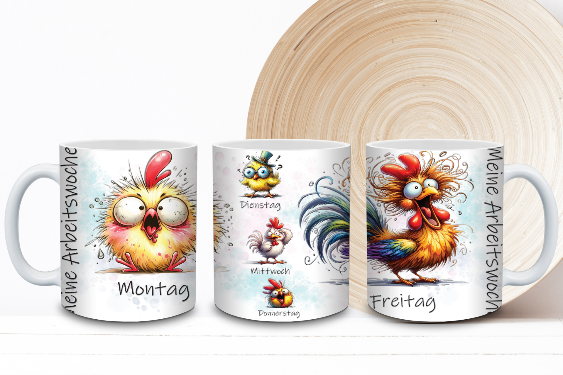 Tasse „Meine Arbeitswoche“ - Lustige Huhn Motive von Montag bis Freitag