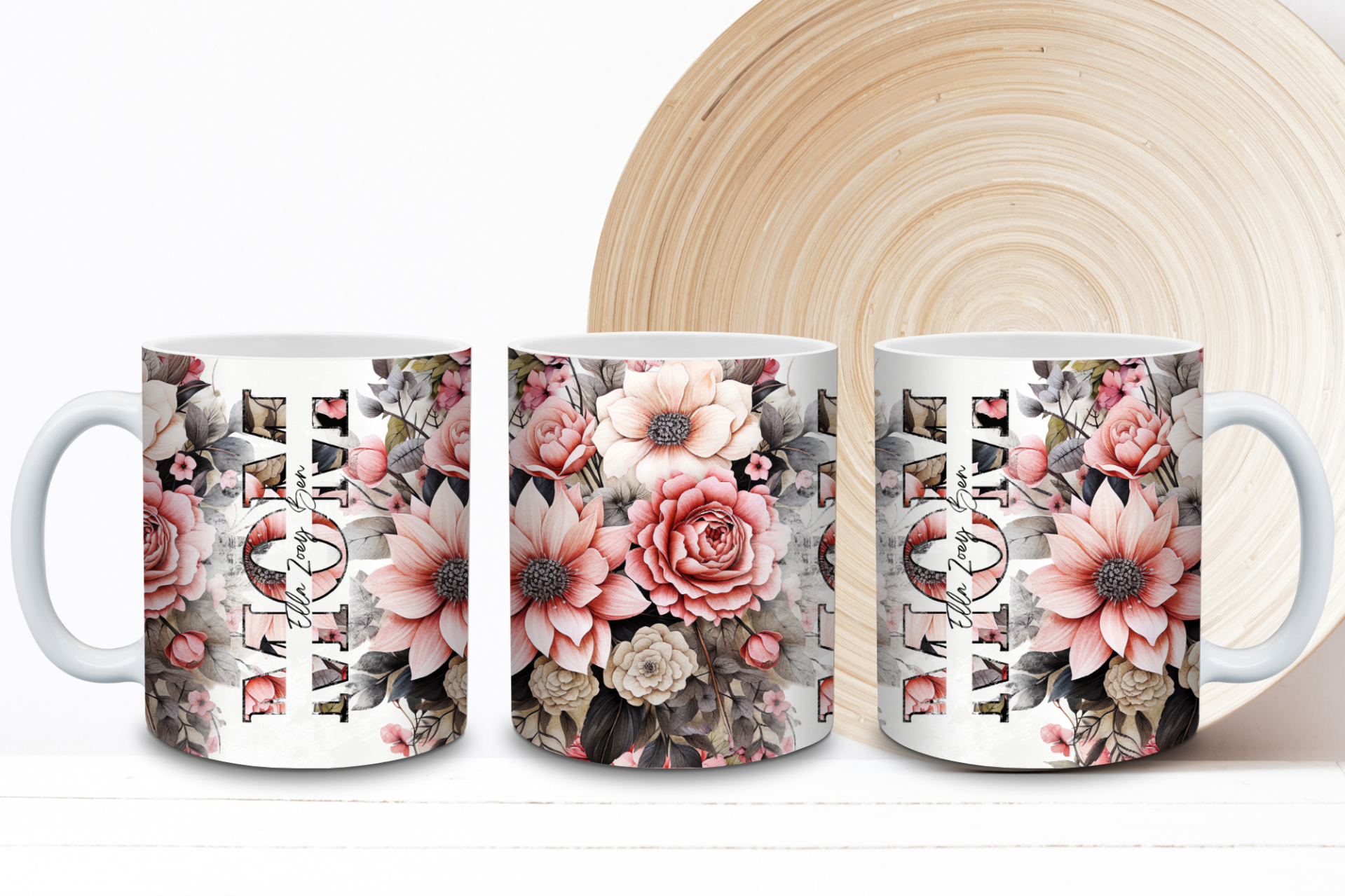 Personalisierte Tasse MOM - mit Kinder Namen & Blumenmuster - Mama Geschenk - Muttertag Tasse - Kaffeebecher mit Namen