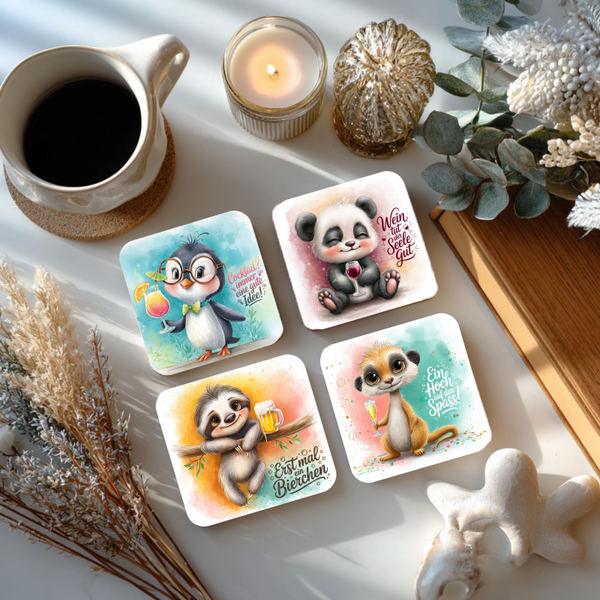 Lustige Tier Untersetzer Set  „Tierische Trinkfreude“ – 4er Set | MDF 10x10 cm – Tiermotiv Untersetzer – Geschenk für Tierliebhaber