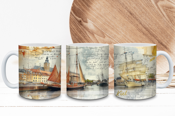 Kiel Tasse - Maritimes Stadtmotiv mit Hafen & Segelschiff | Souvenir Becher