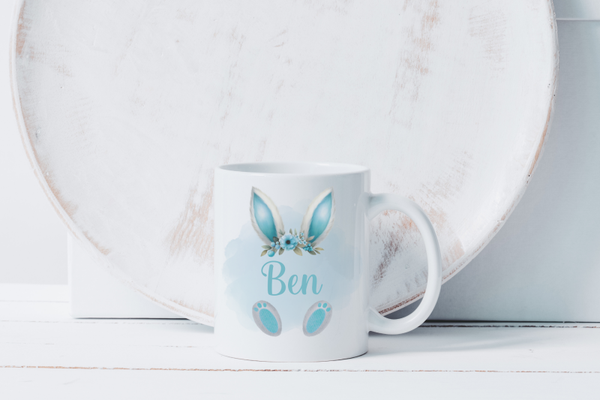 Personalisierte Oster Tasse mit Namen - Hasenohren Becher Blau - Ostergeschenk für Jungen - Bunny Mug mit Wunschname