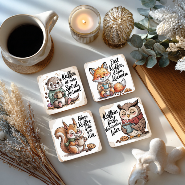Kaffee Untersetzer Set mit Tier Design – 4er Set | MDF 10x10 cm – Tiermotiv Untersetzer – Geschenk für Kaffee & Tierliebhaber