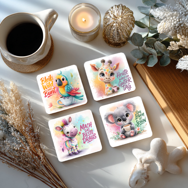 Lustige Tier Untersetzer Sprüche – 4er Set MDF 10x10 cm – Witzige Untersetzer – Geschenk für Tierliebhaber