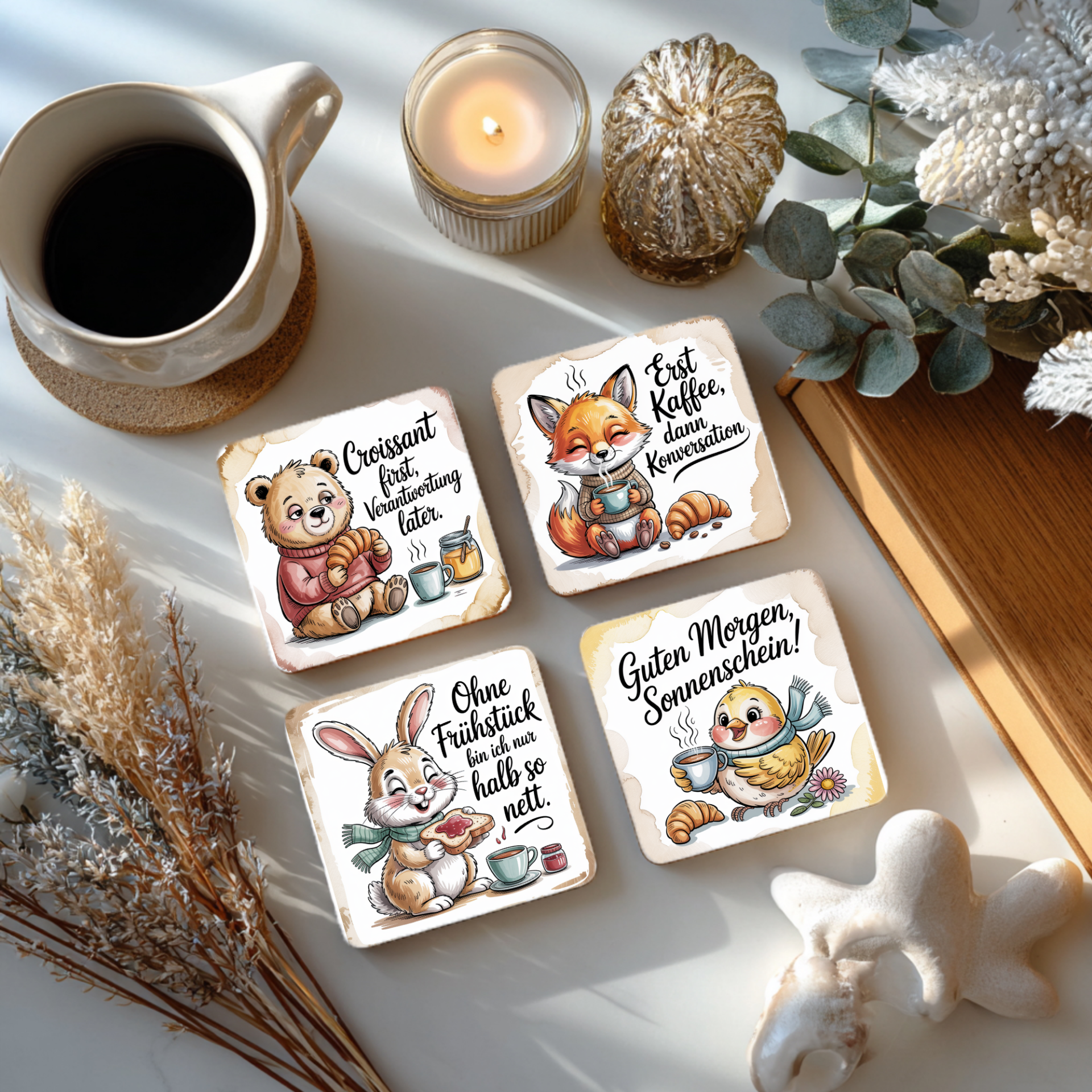 Frühstück Untersetzer Set  mit Tier Design – 4er Set MDF 10x10 cm – Tiermotiv Untersetzer – Geschenk für Frühstück & Tierliebhaber