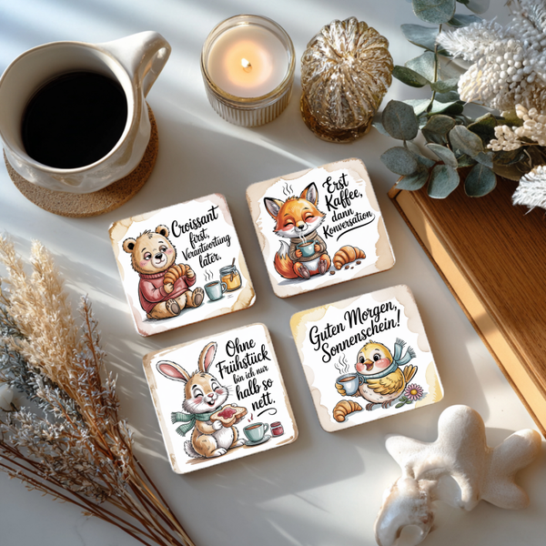 Frühstück Untersetzer Set  mit Tier Design – 4er Set MDF 10x10 cm – Tiermotiv Untersetzer – Geschenk für Frühstück & Tierliebhaber