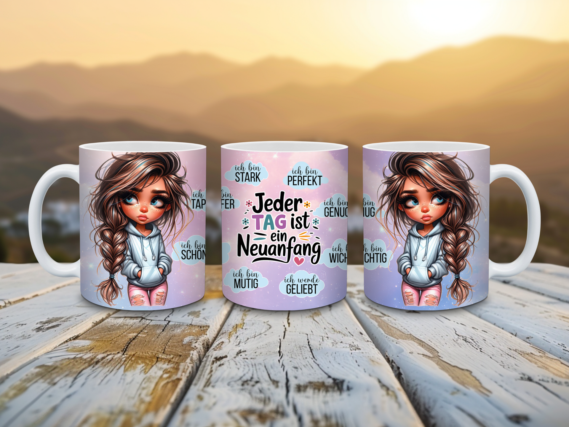 Tasse „Jeder Tag ist ein Neuanfang“ – Mädchenmotiv & inspirierender Spruch