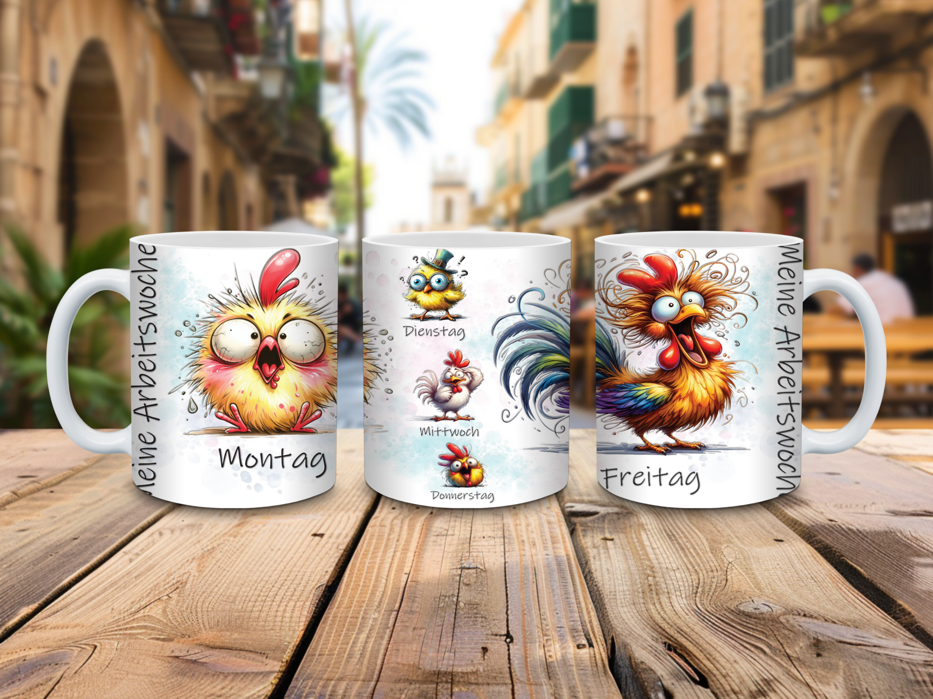 Tasse „Meine Arbeitswoche“ – Lustige Huhn-Motive für jeden Tag