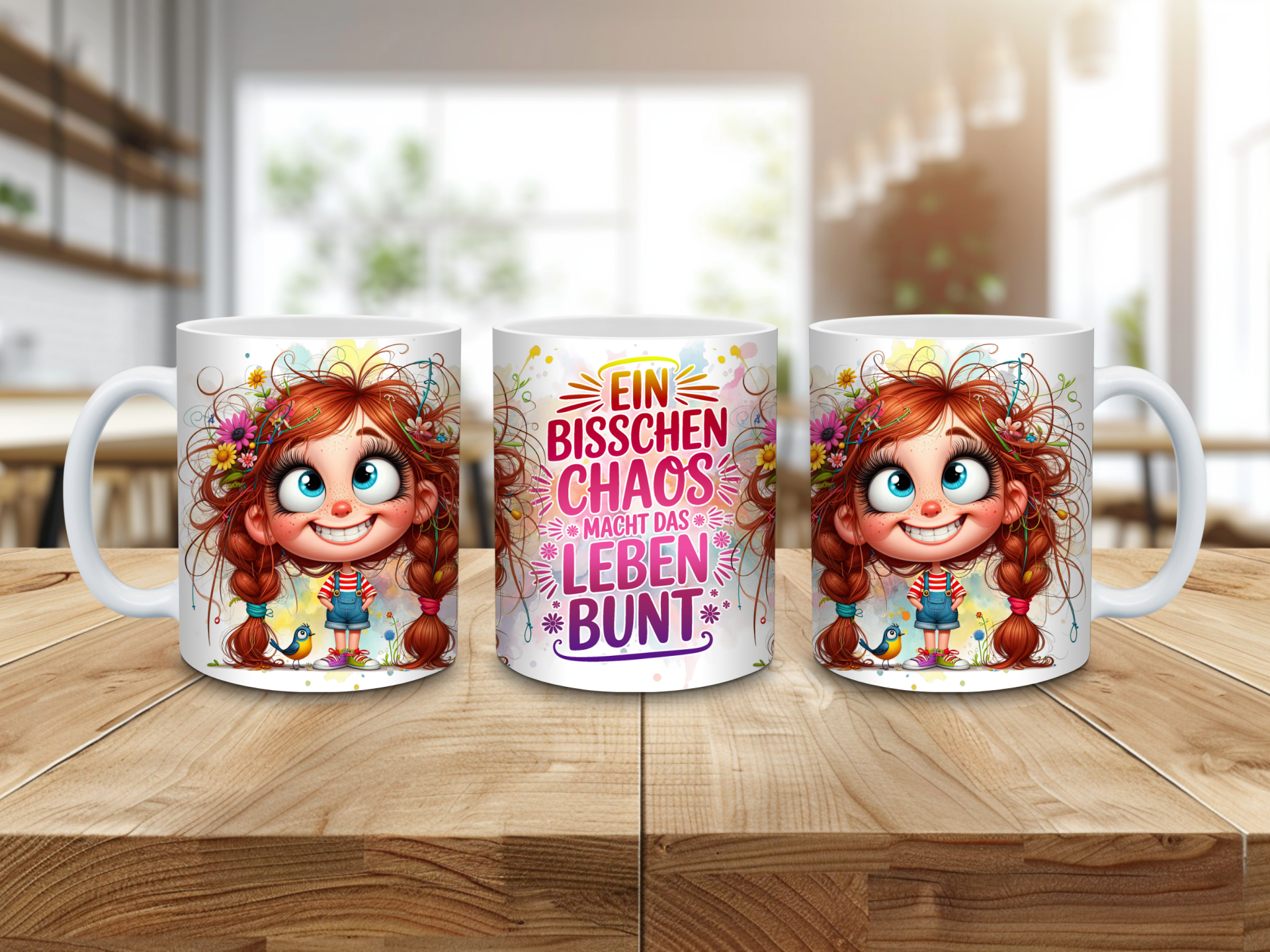 Tasse „Ein bisschen Chaos macht das Leben bunt“ – mit verrücktem Mädchenmotiv