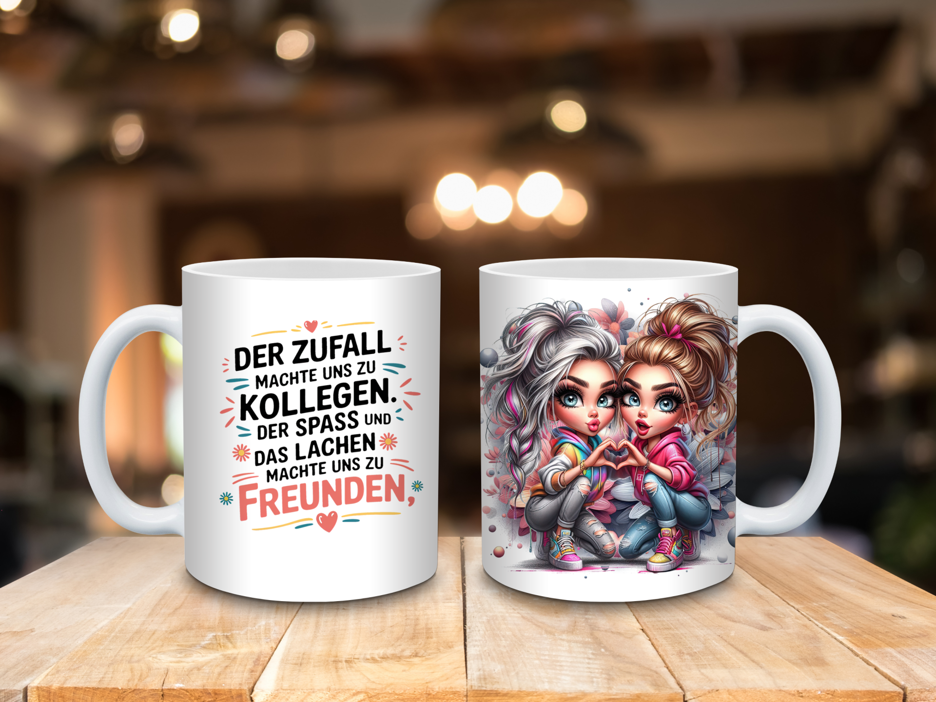 Tasse „Der Zufall macht uns zu Kollegen, der Spaß und das Lachen macht uns zu Freunden“ – mit zwei Mädchenmotiven
