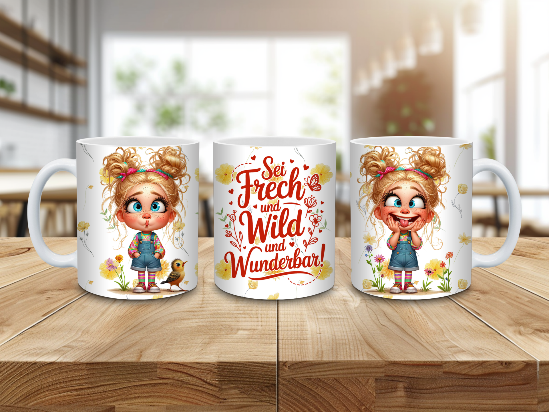 Tasse „Sei frech und wild und wunderbar“ – mit blondem Mädchenmotiv