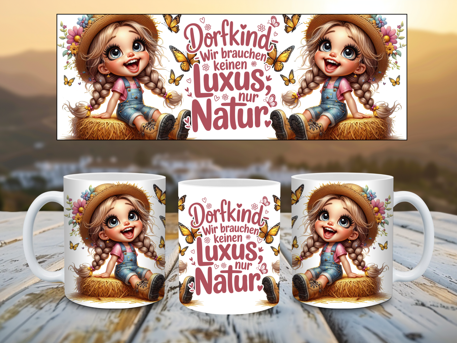Personalisierte Tasse Dorfkind Mädchen – Wir brauchen keinen Luxus nur Natur – Landliebe Tasse – Geschenk Natur