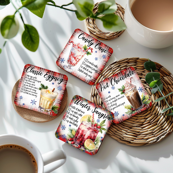 Weihnachtliche Cocktail Untersetzer Set – 4er Set | MDF 10x10 cm – Cocktail Rezepte – Weihnachts Bar Deko – Geschenkidee Winter
