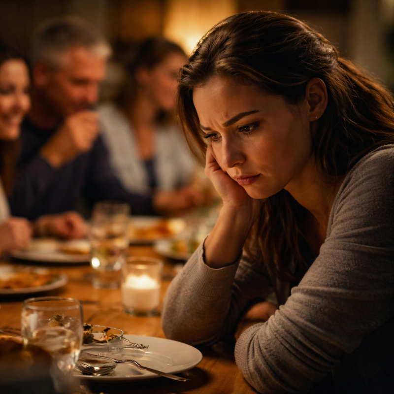 Person sitzt angespannt an einem Tisch waehrend andere im Hintergrund essen und sprechen, Misophonie und emotionale Ueberforderung im Alltag