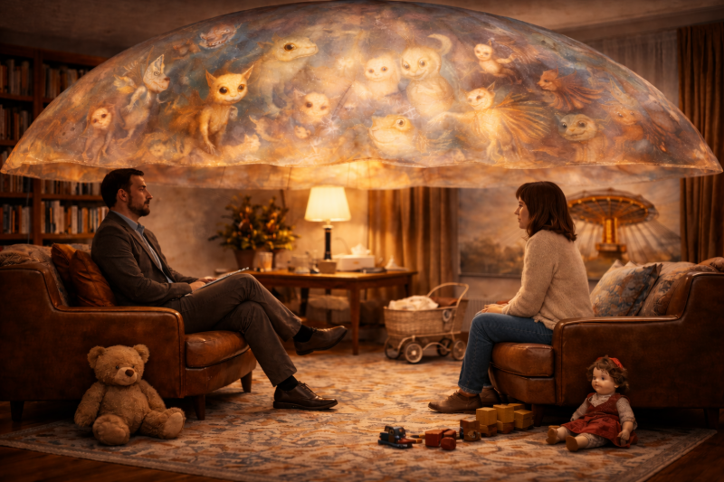 Ein ruhiges therapeutisches Gespräch in geschützter Atmosphäre. Zwei Menschen sitzen sich gegenüber, während über ihnen eine warme symbolische Bilderwelt schwebt, die innere Gefühle, Erinnerungen und kindliche Erfahrungen darstellt.