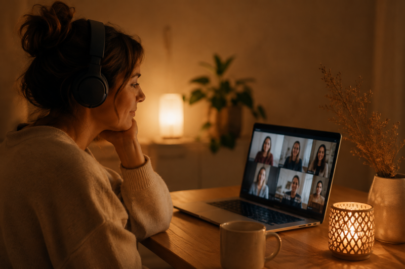 Frau mit Kopfhörern vor einem Laptop bei einer ruhigen Onlinegruppe zum Thema Misophonie in warmer Atmosphäre.