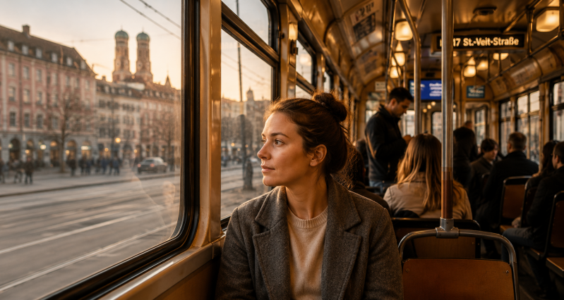 Ruhige Person in einer Straßenbahn in Bayern während einer warmen Abendstimmung als Symbol für Misophonie im Alltag