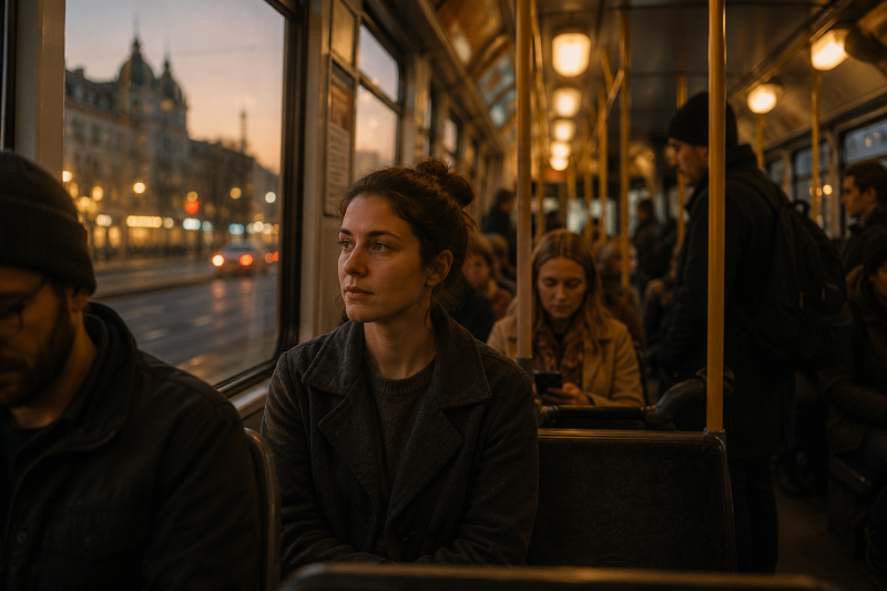 Frau mit Misophonie in Berliner Straßenbahn während eines ruhigen Moments im Alltag