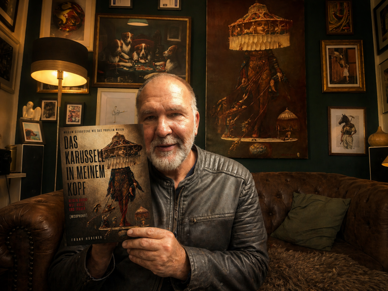 Frank Hübener hält sein neues Misophonie Buch „Das Karussell in meinem Kopf“ in den Händen. Das Buch behandelt Misophonie, innere Unruhe, Wut, Angst, Trauer und persönliche Heilungswege.