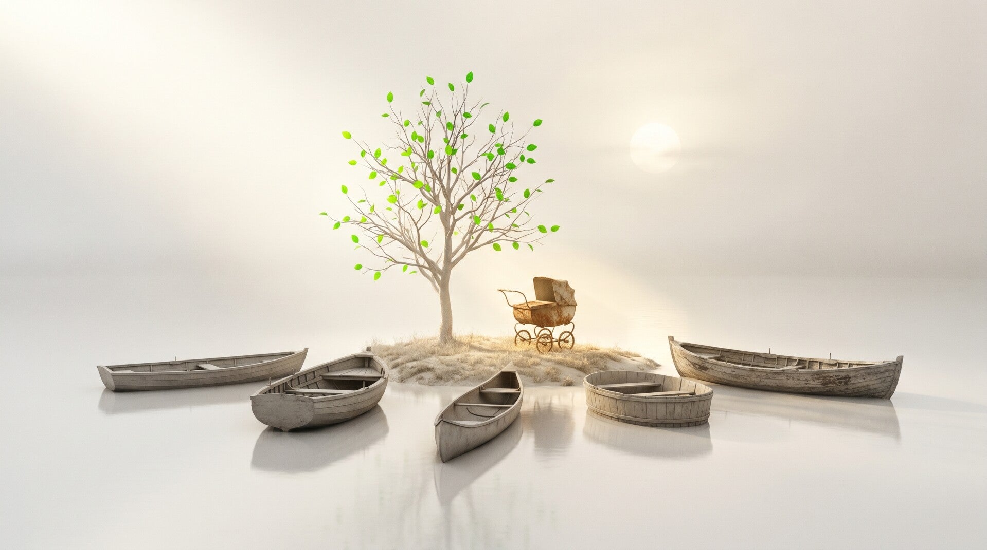 Ein symbolisches Bild mit mehreren Booten auf stillem Wasser, einer kleinen Insel mit grünem Baum und einem alten Kinderwagen im Licht. Es steht für Misophonie, innere Heilung, neue Wege, emotionale Balance und Hoffnung.