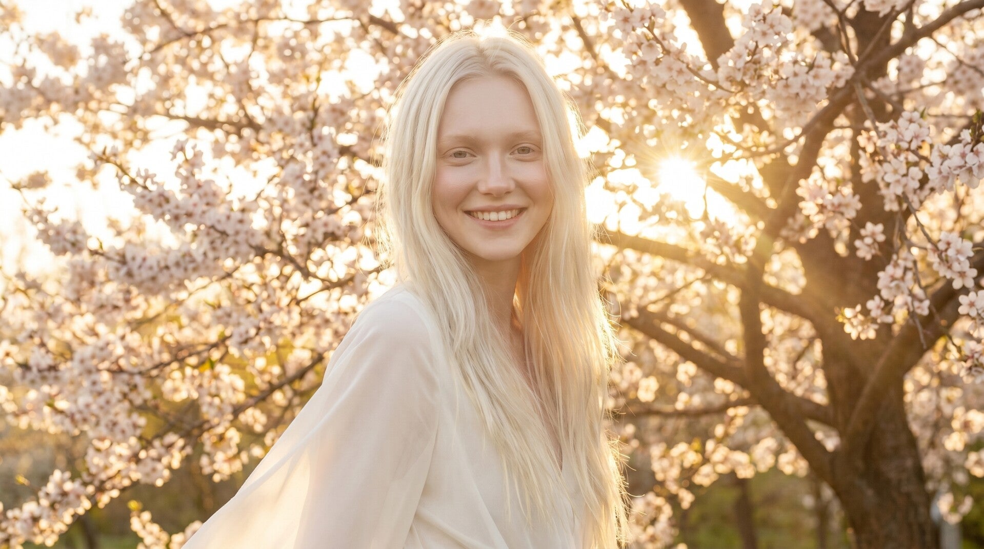 Eine lächelnde Frau steht im warmen Sonnenlicht vor blühenden Bäumen. Das Bild steht für Misophonie, innere Heilung, Lebensfreude, Hoffnung und einen neuen Anfang nach belastenden Zeiten.