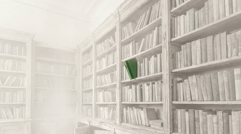 Eine helle alte Bibliothek mit vielen weißen Büchern, in deren Mitte ein grünes Buch hervorsticht. Das Bild steht für Wissen, Inspiration, neue Impulse und besondere Gedanken für den Newsletter.