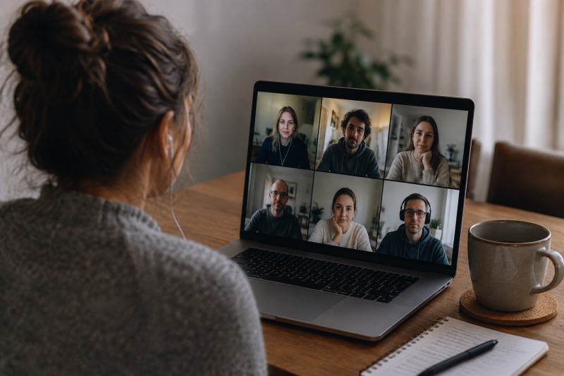 Menschen im ruhigen Onlineaustausch zum Thema Misophonie – virtuelle Selbsthilfegruppe und gemeinsames Gespräch