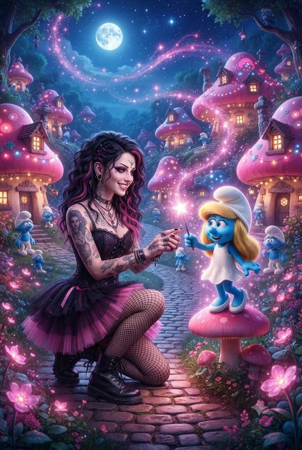 gothic vrouw die Beland is in smurfenland