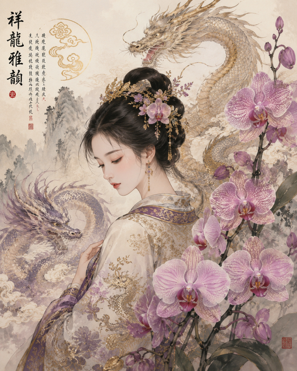 Chineese vrouw met draak en mooie bloem