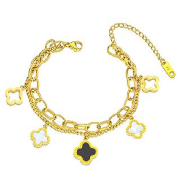 18k gold plated bracelet four leaf clover zwart met wit