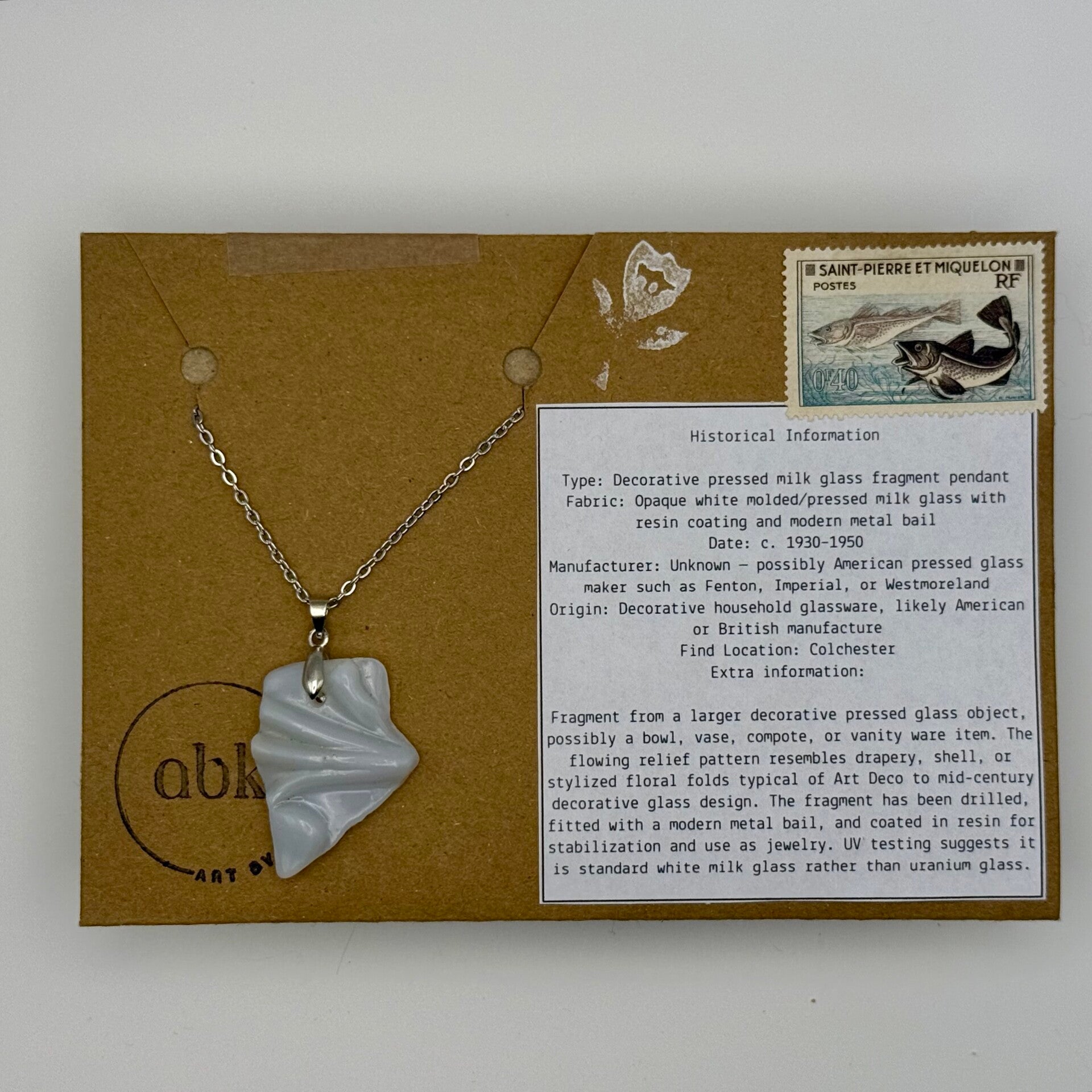 Mudlarked Milk Glass Scroll Pendant