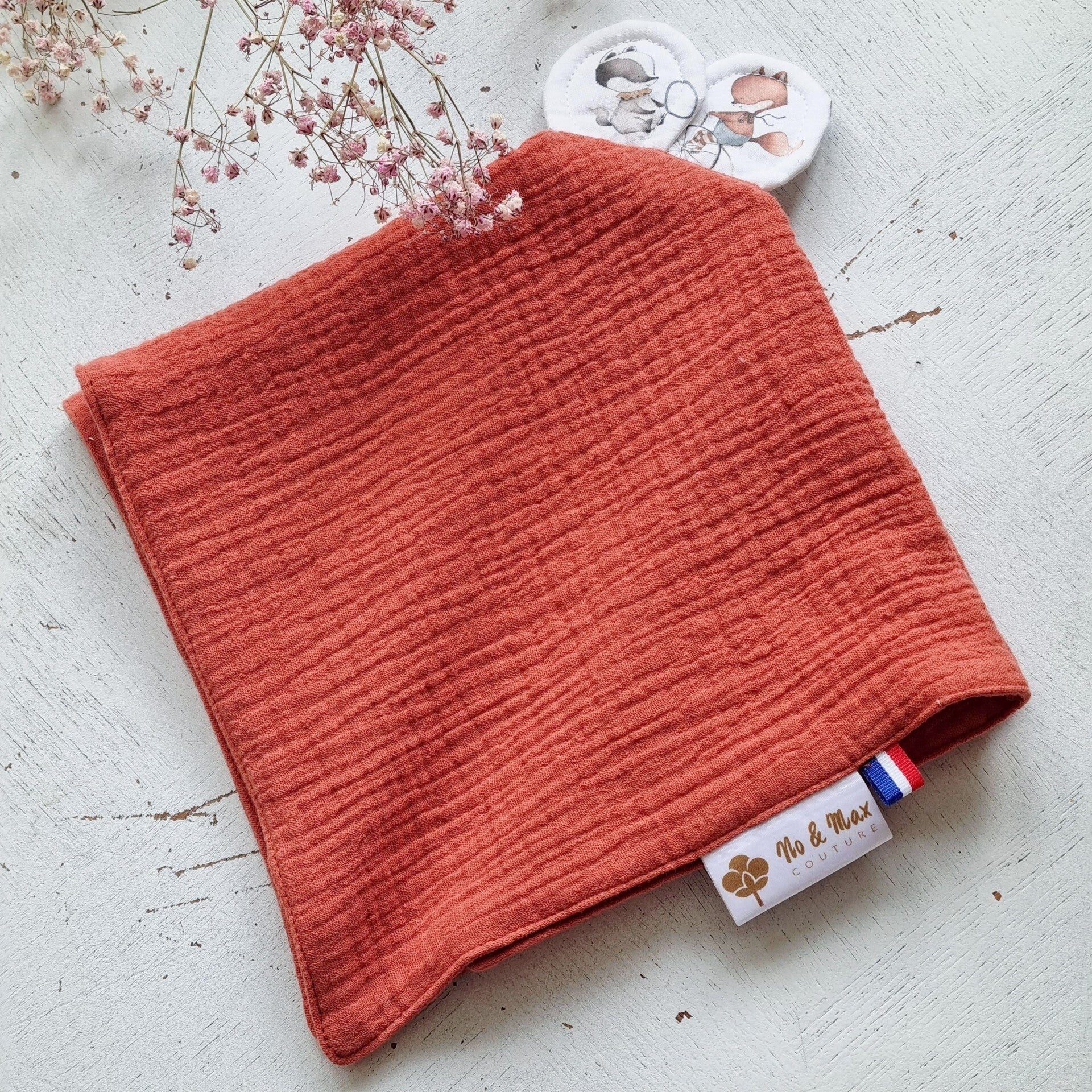 Doudou Souris plat en gaze de coton terracotta – Chaleur et douceur - Collection "Lune"
