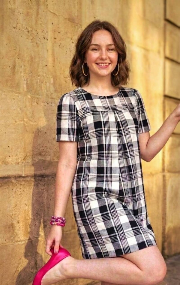 " MIRANA " robe trapèze en Madras – Carreaux Noir & Blanc / lurex