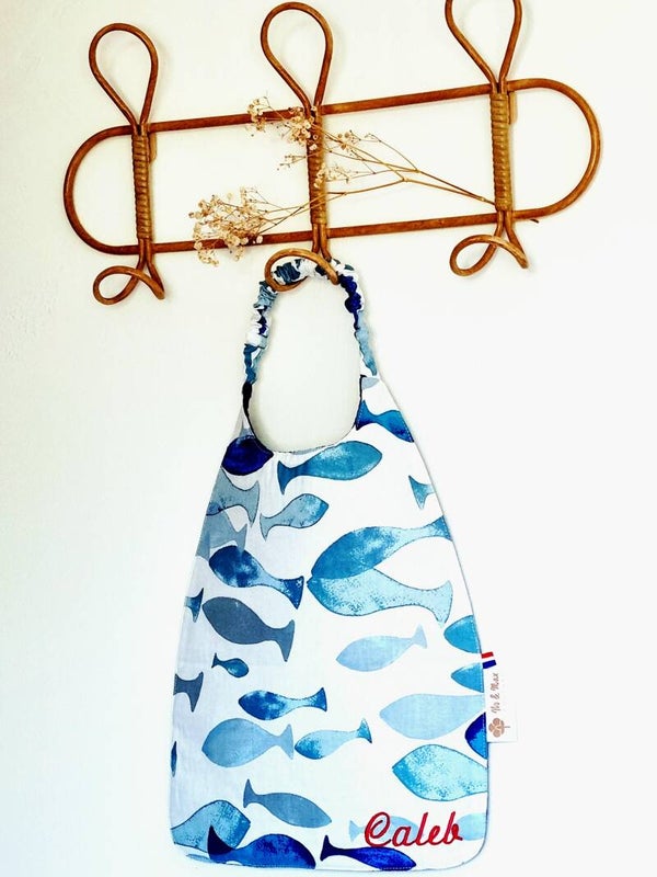 Bavoir Élastique Personnalisé - Collection " Poisson bleu " / Bavoir maternelle / Bavoir d'autonomie