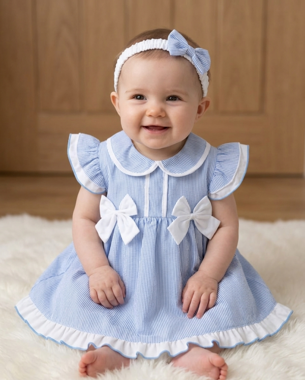 3PCS Girls Blue and White Striped Bow Dress