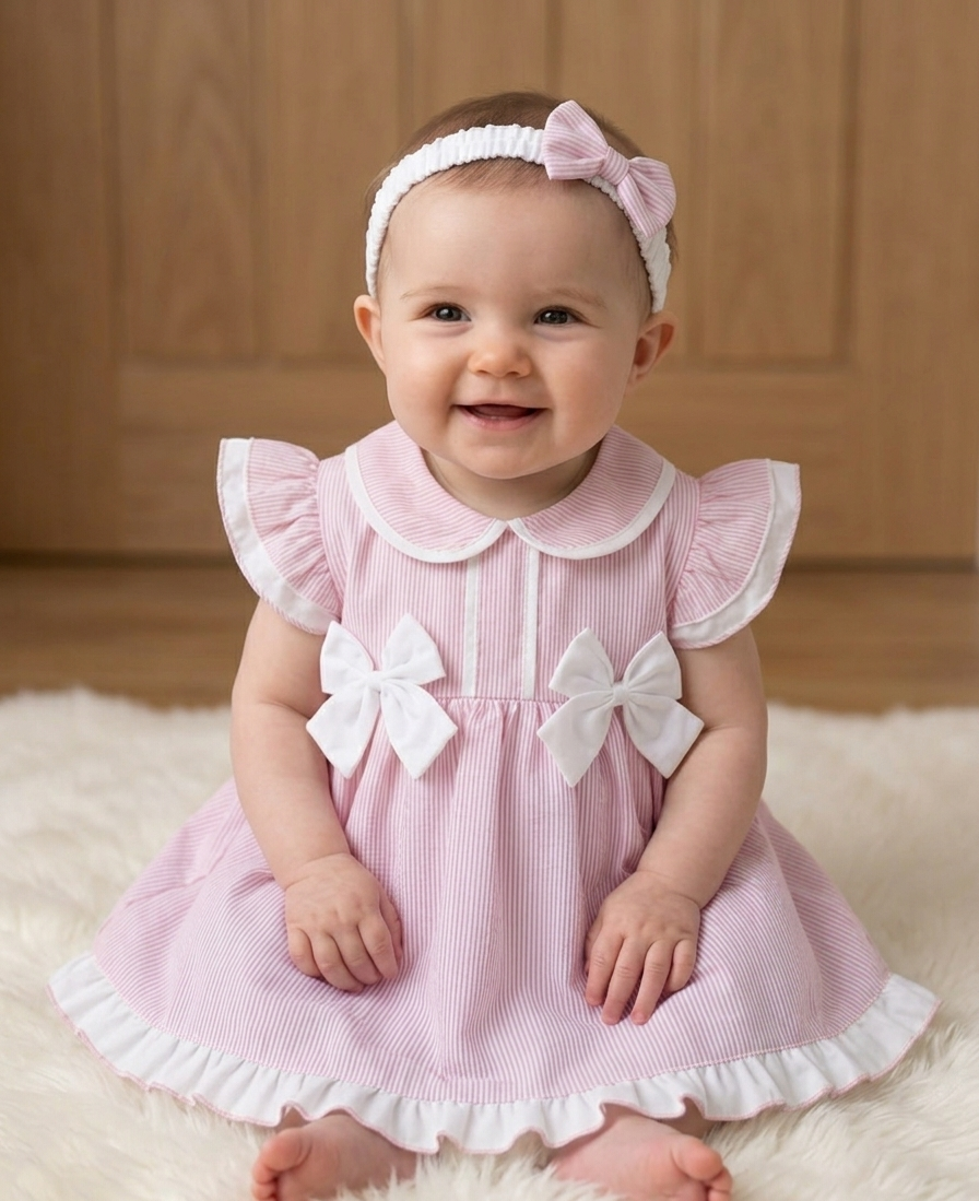 3PCS Pink and White Striped Double Bow Dress