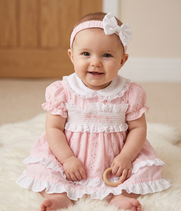 3PCS Pink and White Girls Dress with Embroidered Detail
