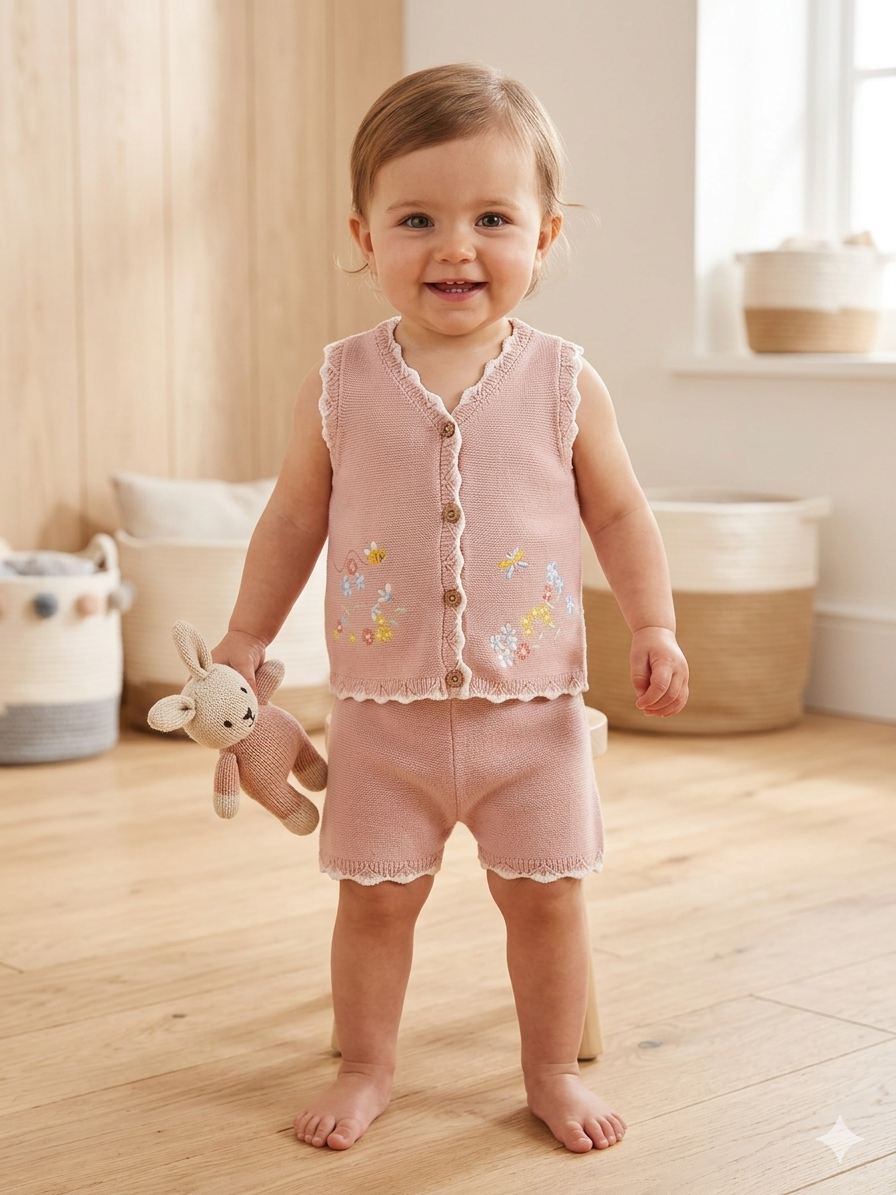 2PCS Pink Knitted Girls Set with Floral Detail