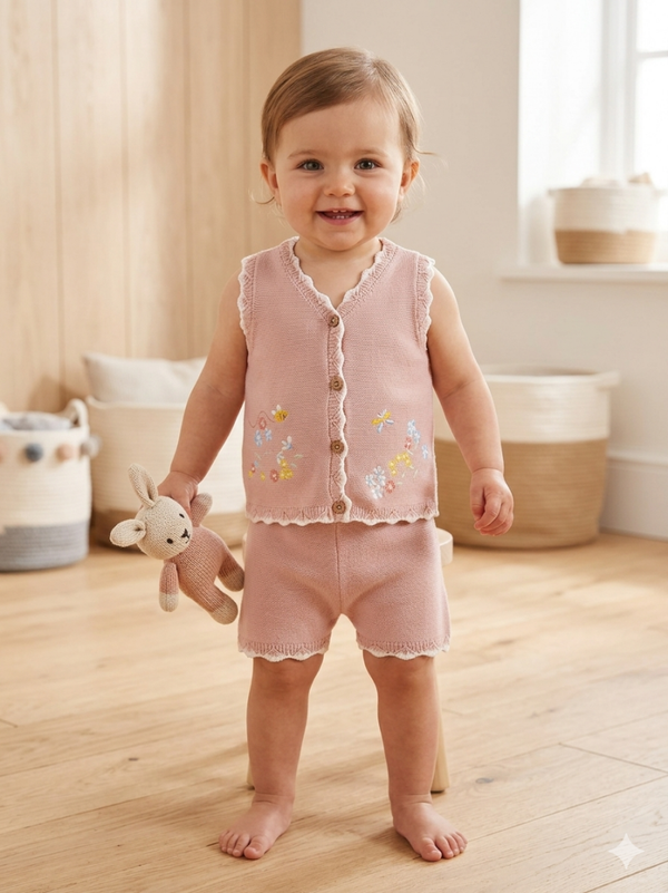2PCS Pink Knitted Girls Set with Floral Detail