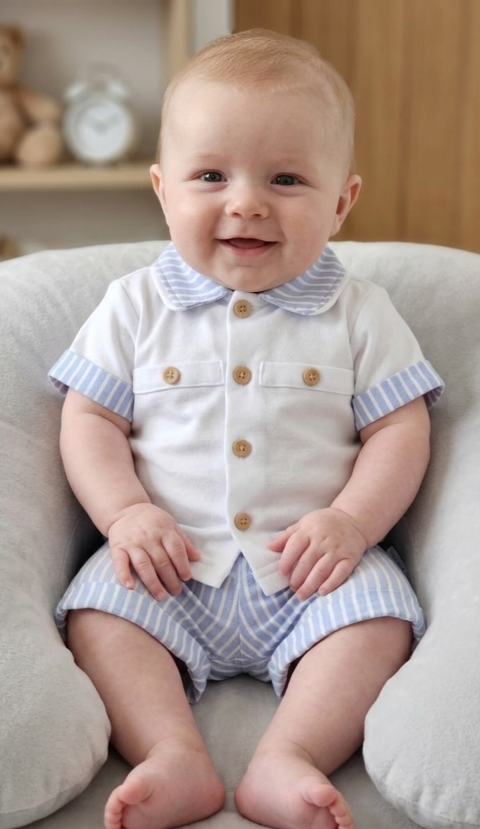 2PCS Baby Boy Blue and White Striped Short Set