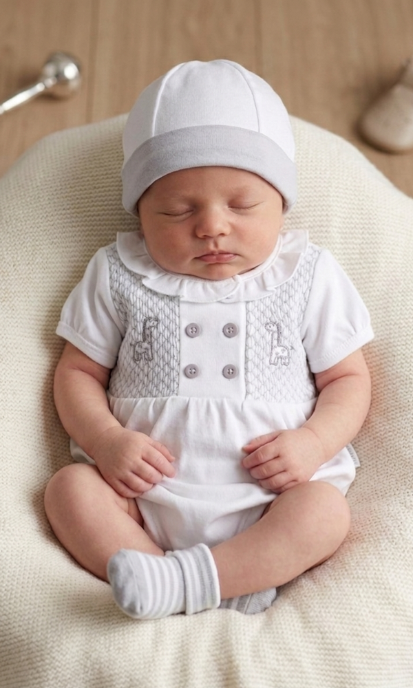 2PCS White and Grey Smocked Romper and Hat Set