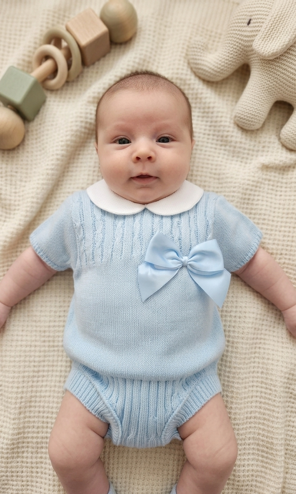 2PCS Baby Blue Knitted Set With Bow and Peter Pan Collar