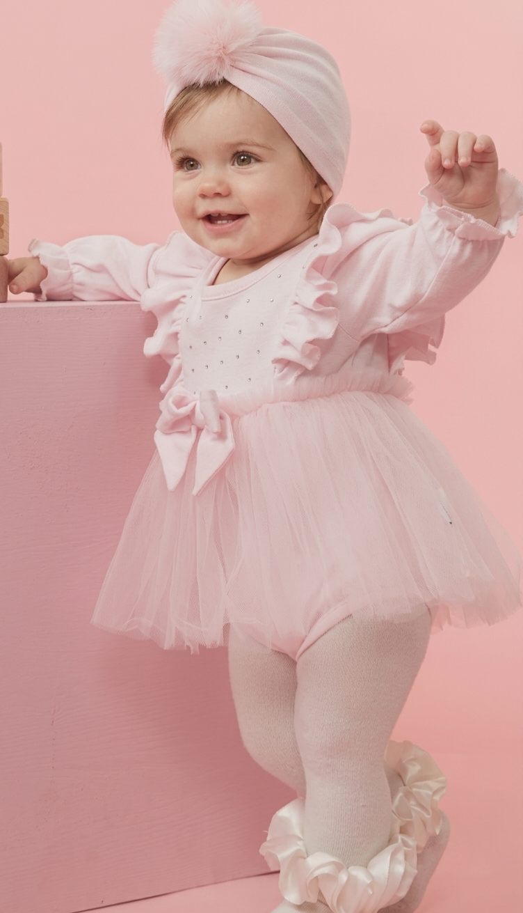 Caramelo Pink Baby Dress Romper with Frilly Tulle Skirt & Matching Turban