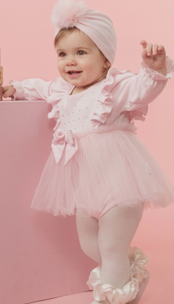 Caramelo Pink Baby Dress Romper with Frilly Tulle Skirt & Matching Turban