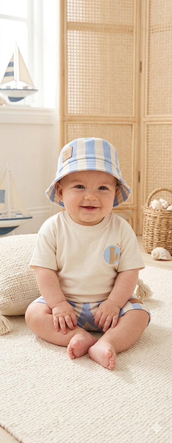 Blue Striped Summer Set with Matching Bucket Hat