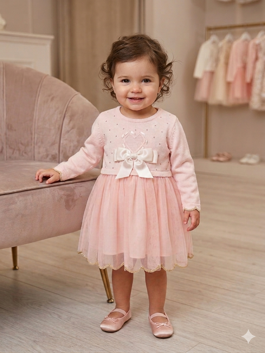 Caramelo Pink Knitted Heart & Tulle Dress Set