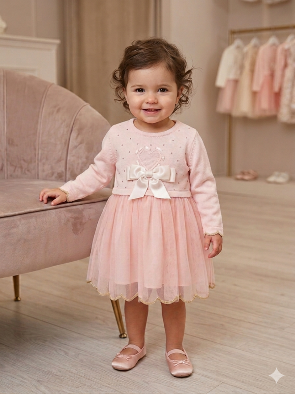 Caramelo Pink Knitted Heart & Tulle Dress Set