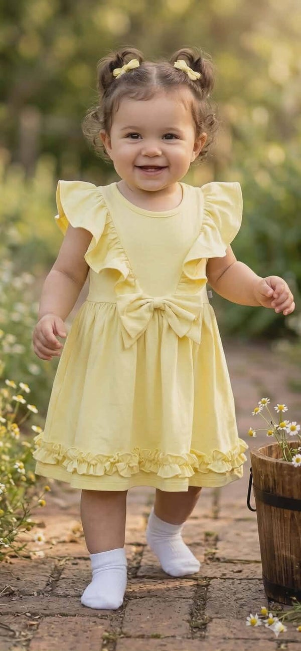 Caramelo Lemon Dress with Flutter Sleeve and Sequin Detail