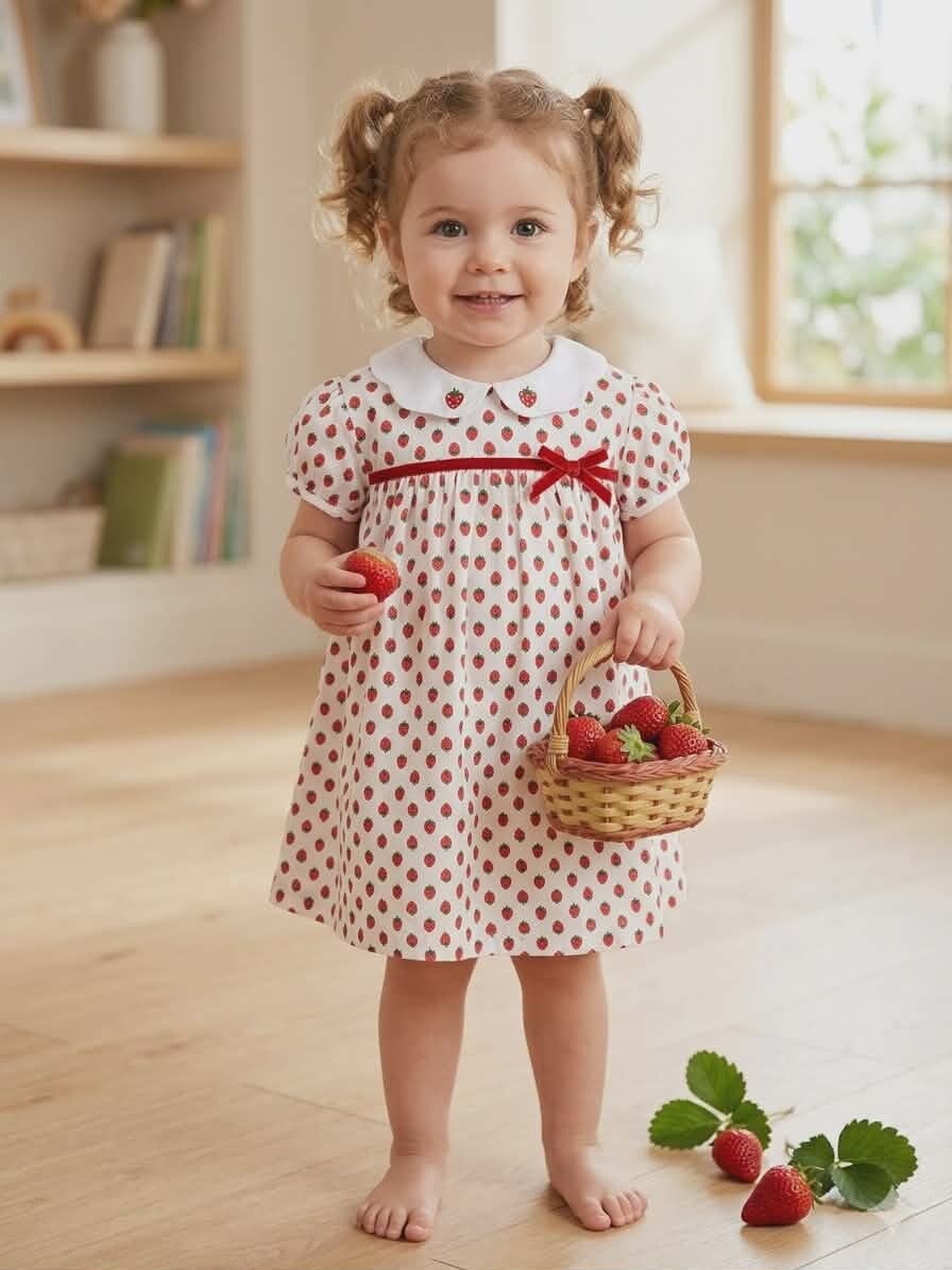 Strawberry Print Dress with Scallop Collar